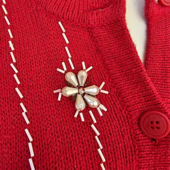 Bobbie Brooks Women’s M Christmas Sweater Cardigan Red Snowflake Beaded Holiday - Picture 10 of 12